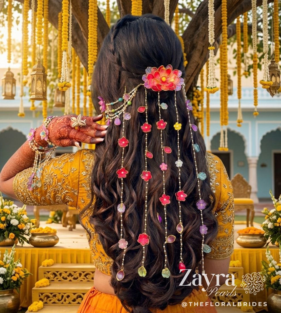 Zayra Pearls handcrafted floral hair clip with cascading flower-and-leaf chains in pastel hues, bridal hair accessories as shown in image