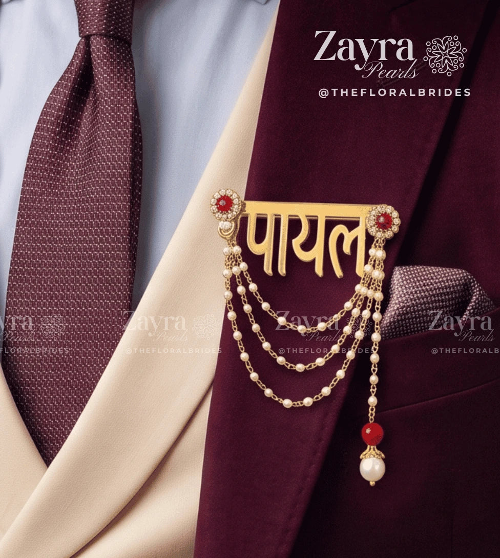 A gold-toned traditional Indian brooch with customization options by Zayra Pearls