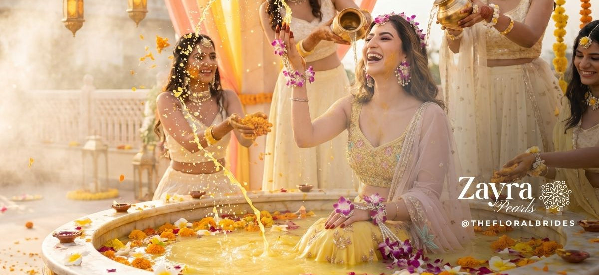 Traditional celebration scene with women in white and gold attire, Zayra Pearls branding visible.