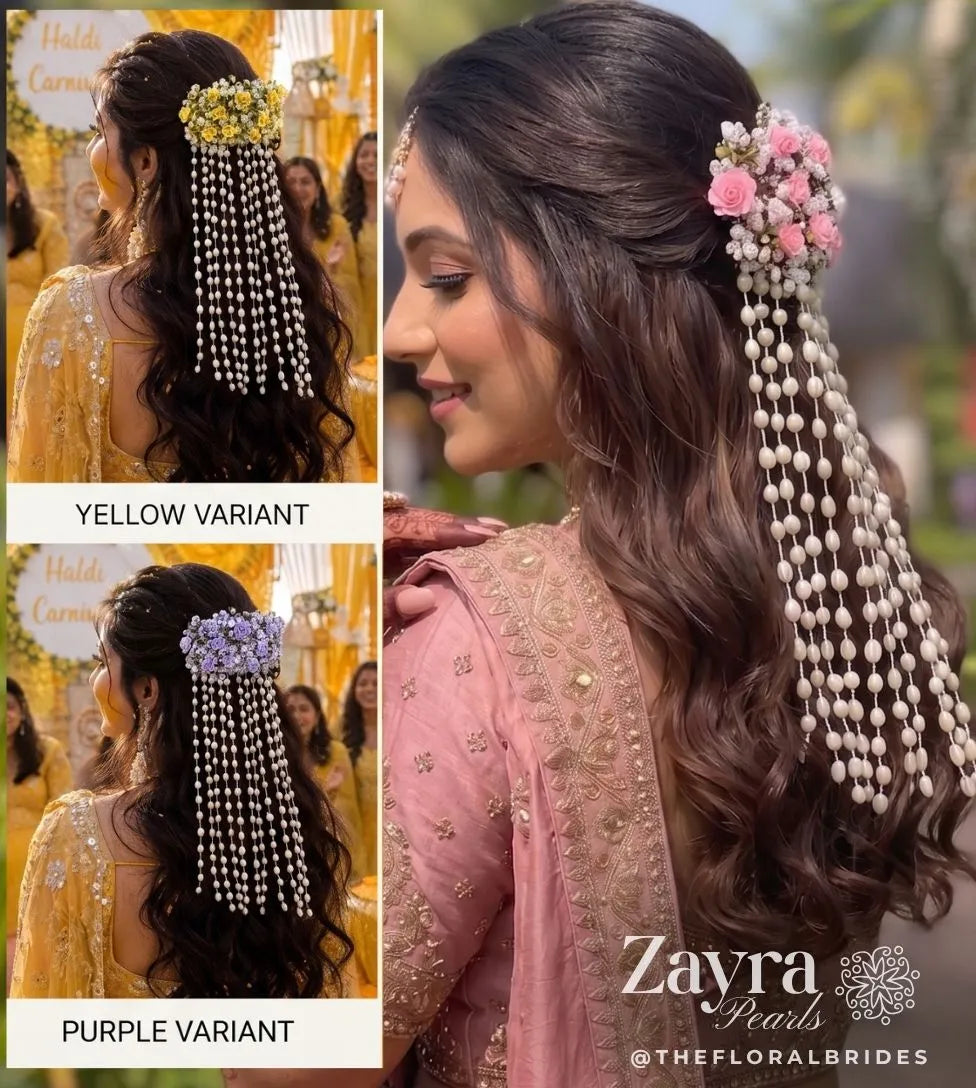 Zayra pearls collage showing a woman wearing a traditional Indian hair ornament (hair pin) with dangling pearl strands. The main panel shows the hair pin styled on the side with pink flowers and a long pearl cascade, while the left side shows two smaller inset images of the same hair pin in alternative colors: yellow and purple.