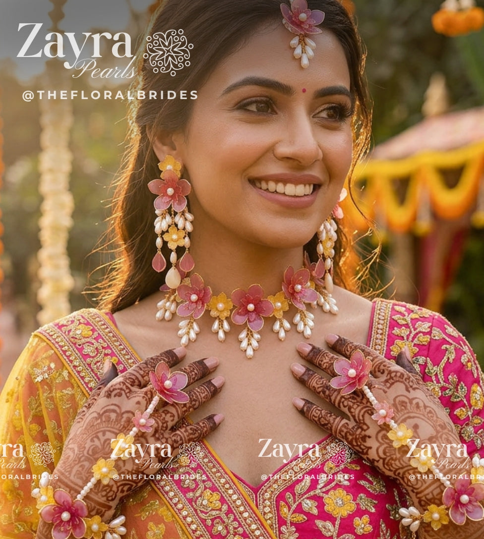 Luxury floral resin Aura Bloom Haldi Jewellery Set displayed for pre-wedding haldi and mehendi ceremonies