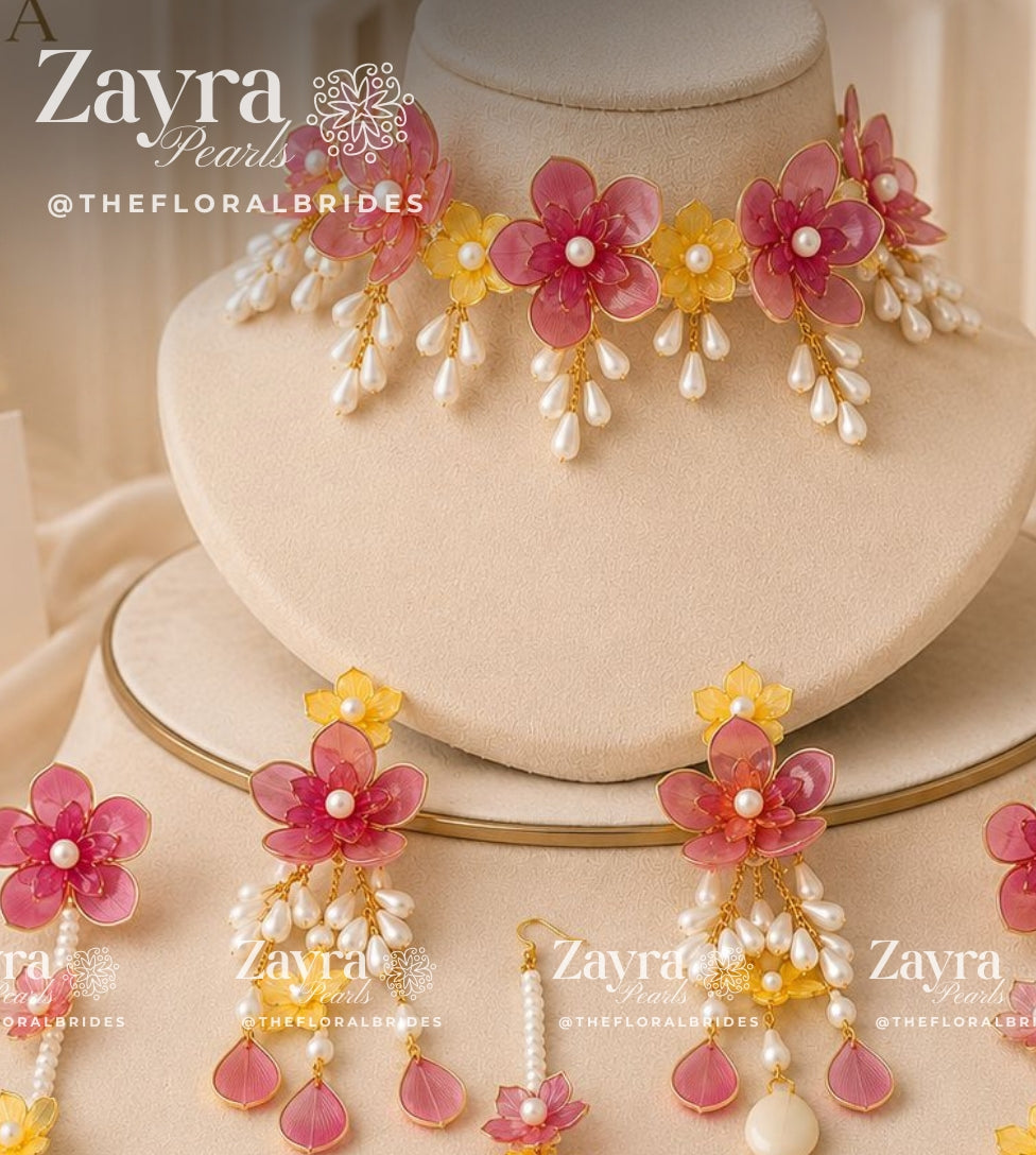 Handcrafted 3-color Aura Bloom Haldi Jewellery Set with DARK PINK necklace earrings hathphool and maangtikka by Zayra Pearls.