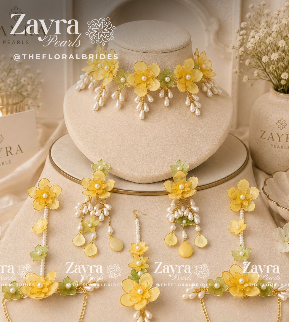 Handcrafted 3-color Aura Bloom Haldi Jewellery Set with  yellow 2 necklace earrings hathphool and maangtikka by Zayra Pearls