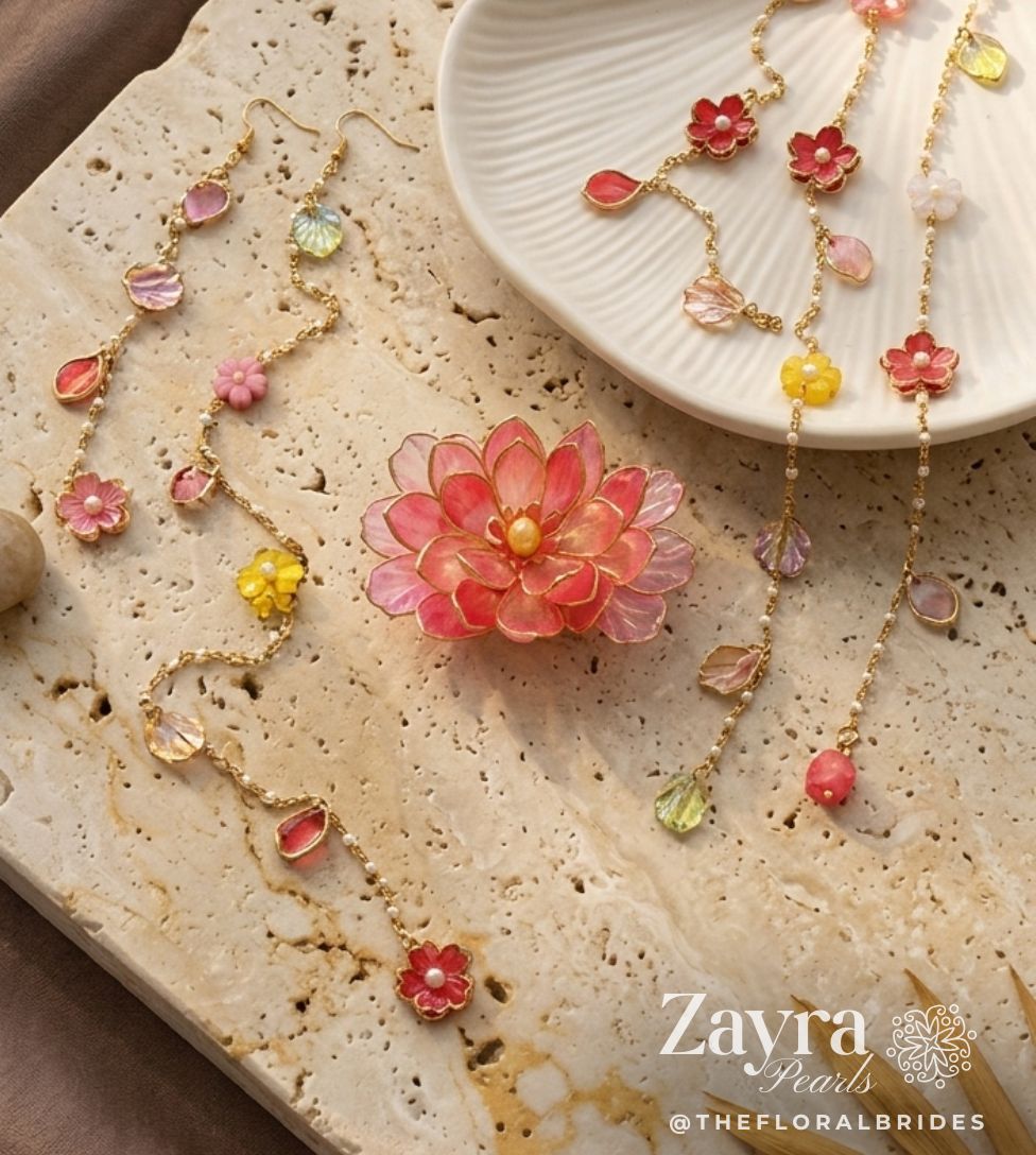 Zayra Pearls handcrafted floral hair clip with cascading flower-and-leaf chains in pastel hues, bridal hair accessories as shown in image Red Purple combo.