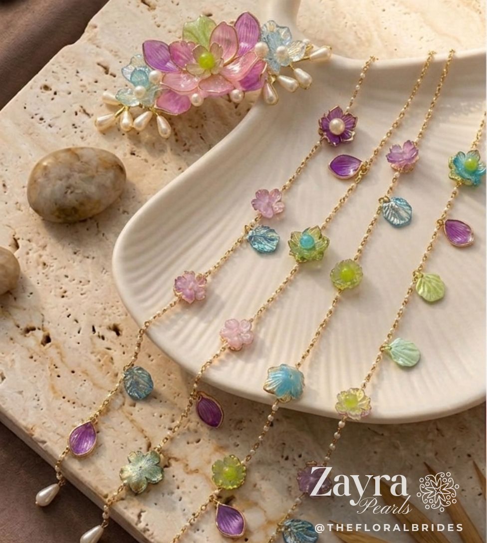 Zayra Pearls handcrafted floral hair clip with cascading flower-and-leaf chains in pastel hues, bridal hair accessories as shown in image Red Purple combo.