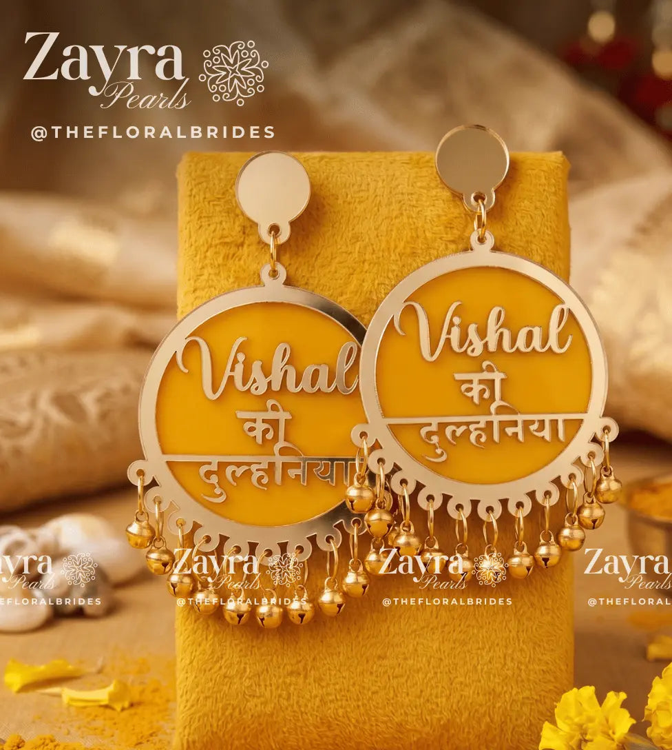 Handcrafted Golden Aura custom dulhaniya earrings in polished gold with personalized text and traditional bells by Zayra Pearls
