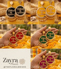 Variants of Handcrafted Golden Aura custom dulhaniya earrings in polished gold with personalized text and traditional bells by Zayra Pearls.