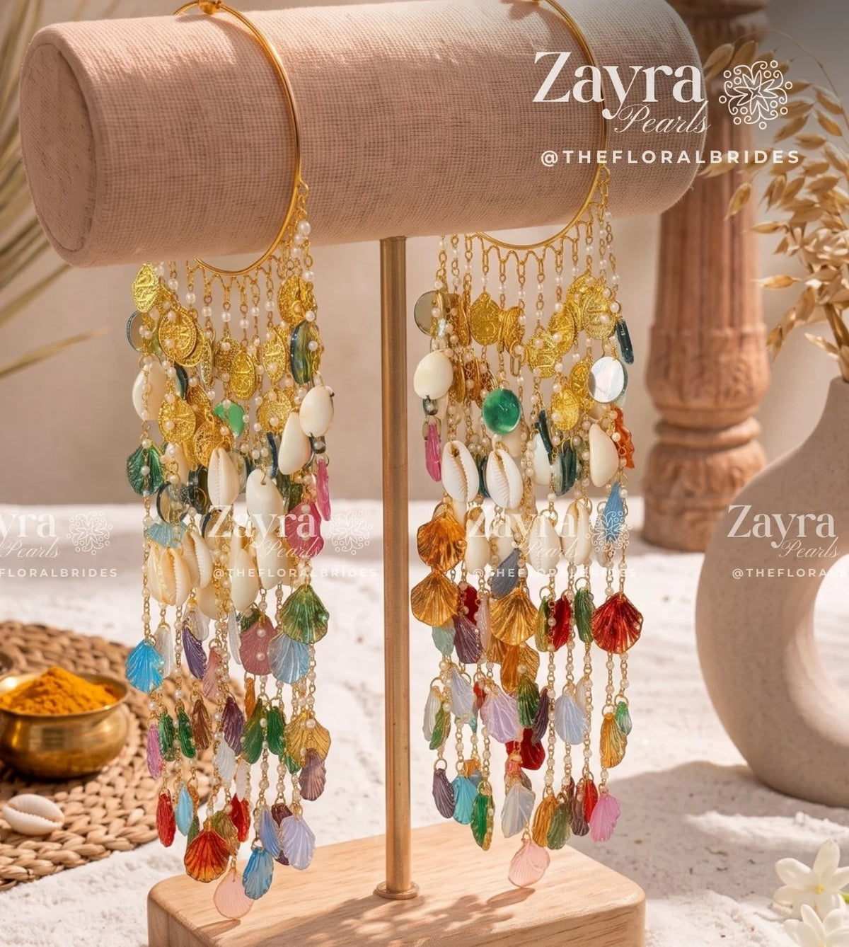 Handcrafted royal carnival haldi carnival jewelry kaleere with embossed gold coins and cowrie shells by Zayra Pearls.