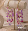 Zayra Pearls Bohemian Orchid sea shell Haldi bangels featuring a gold-toned base with cascading translucent violet and fuchsia petals and natural white cowrie shells