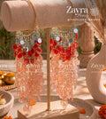 Handcrafted trending haldi carnival kaleere with circular mirrors, coral resin petals, and pearls by Zayra Pearls