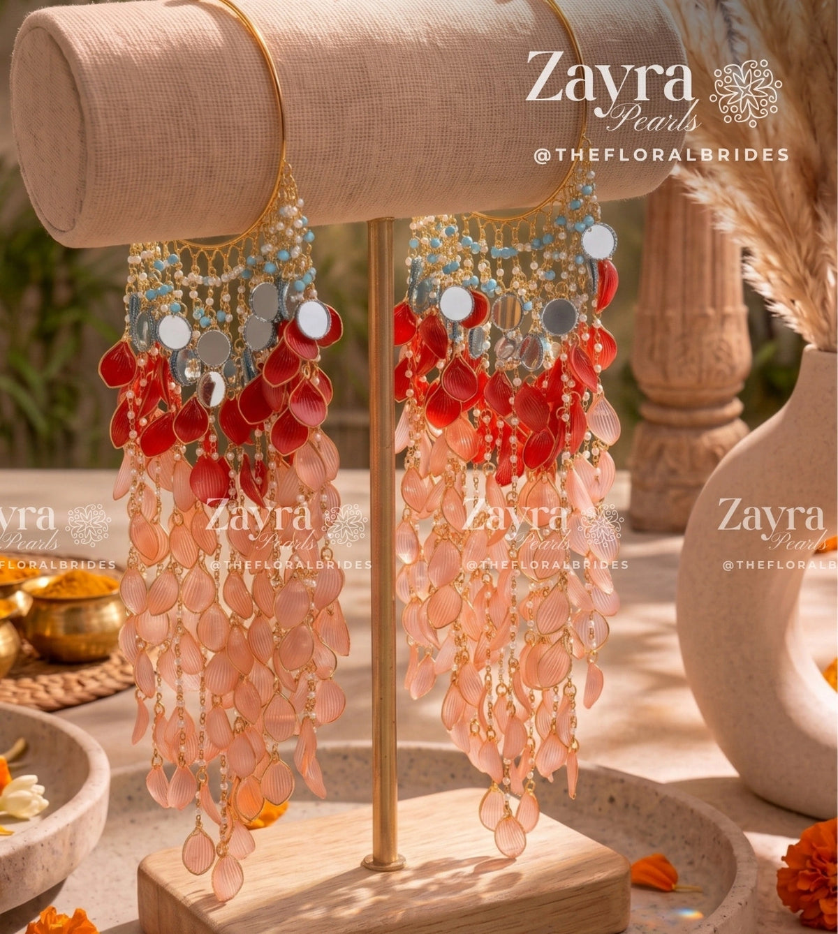 Handcrafted trending haldi carnival kaleere with circular mirrors, coral resin petals, and pearls by Zayra Pearls